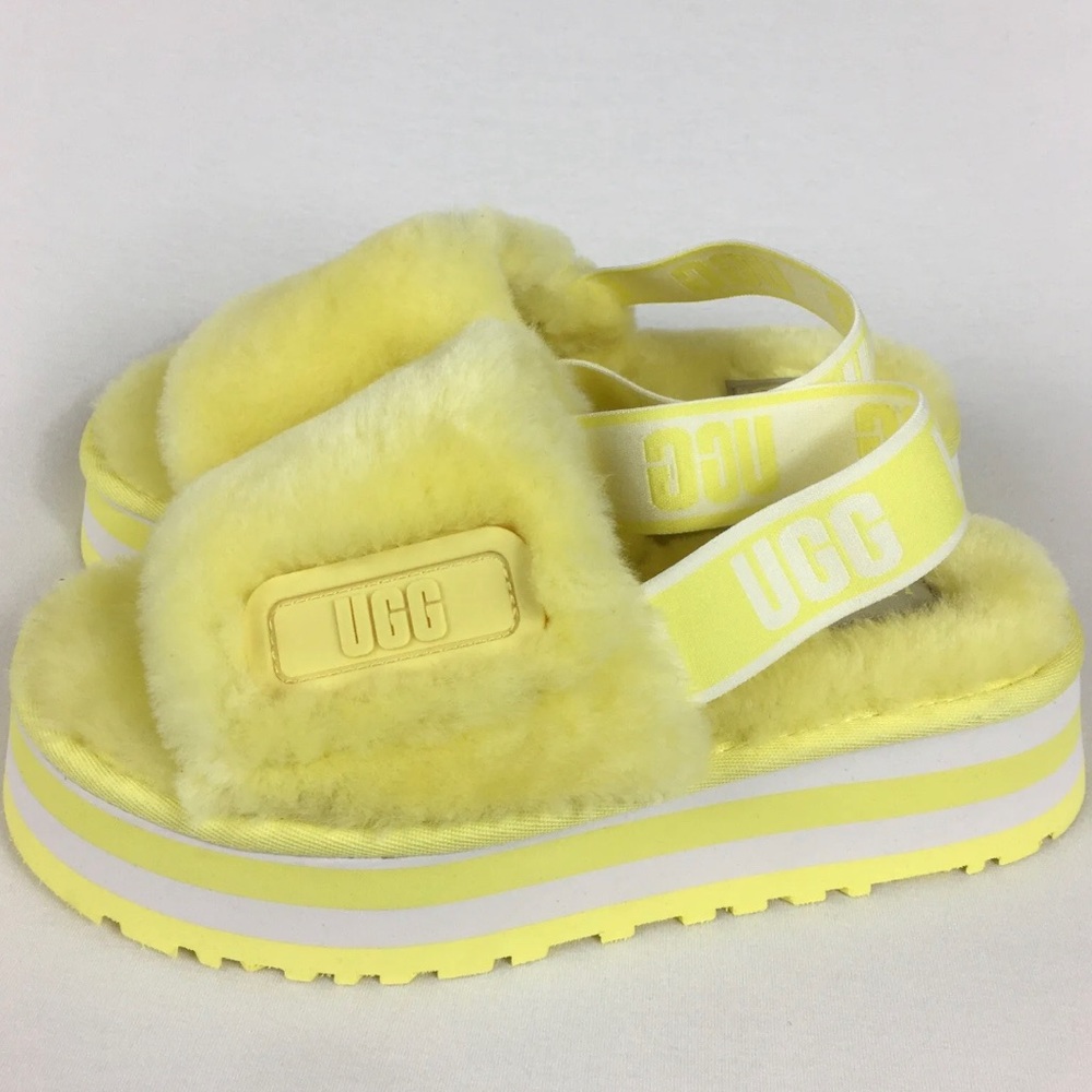 UGG Disco Genuine Shearling Slingback Yellow Platform Slipper Women Sz 7, 8 New